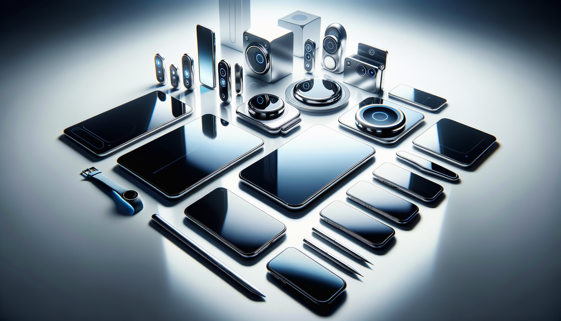 modern trending gadgets displayed on a clean white surface with soft natural lighting