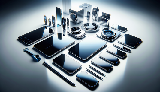 modern trending gadgets displayed on a clean white surface with soft natural lighting