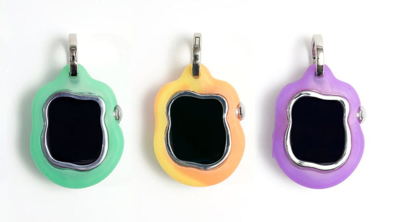 Three Amoeba One keychain phones in green, orange and purple