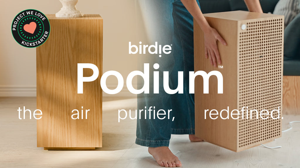 Birdie Podium oak-veneer air purifier shown from the front and rear