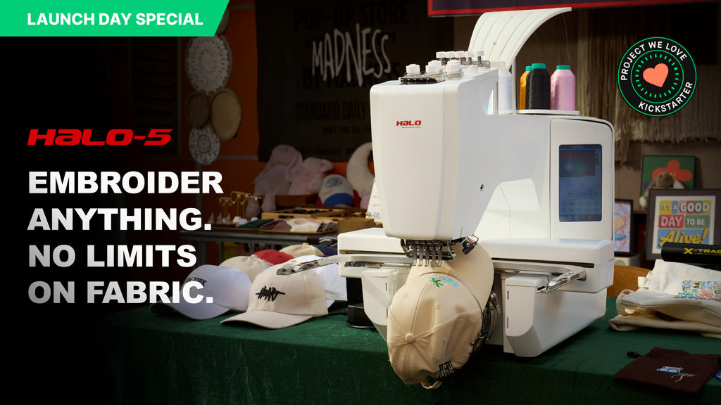 HALO-5 embroidery machine stitching a cap in the official campaign cover