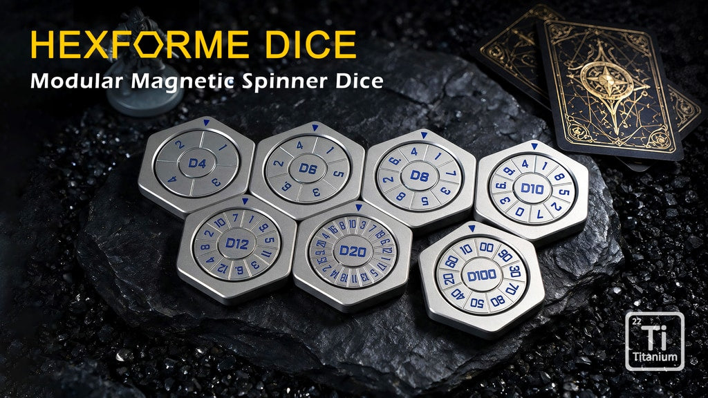 HEXFORME titanium magnetic spinner dice in the official campaign video artwork
