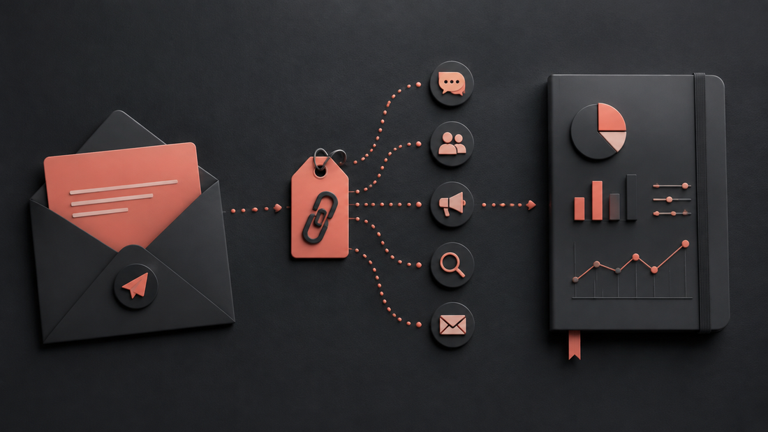 Editorial illustration of a newsletter, referral tag and multi-touch measurement ledger