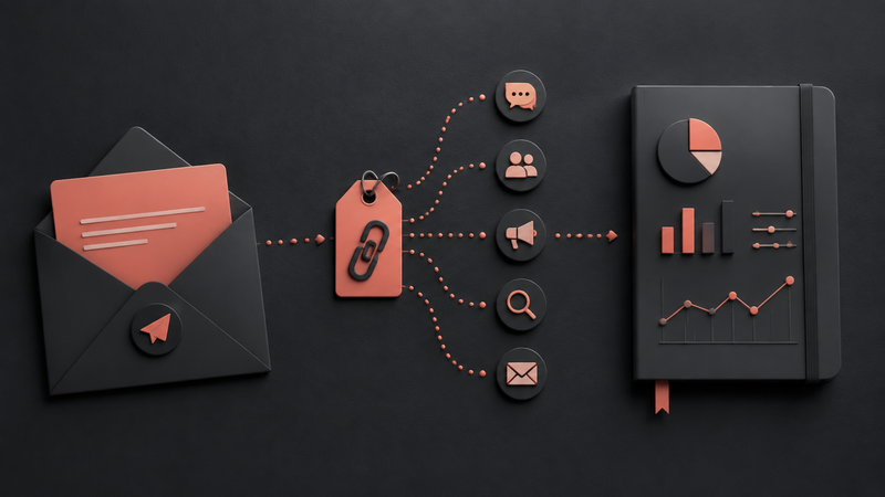 Editorial illustration of a newsletter, referral tag and multi-touch measurement ledger