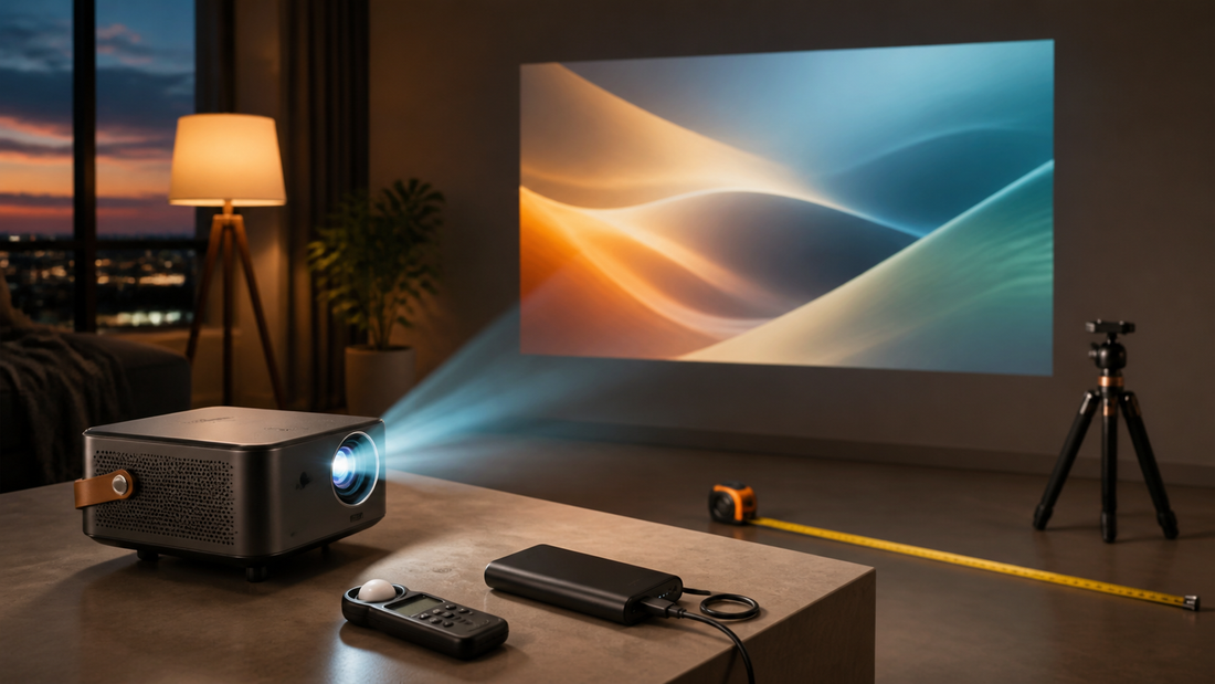Portable projector evaluation setup with a light meter, measuring tape, power bank, and tripod