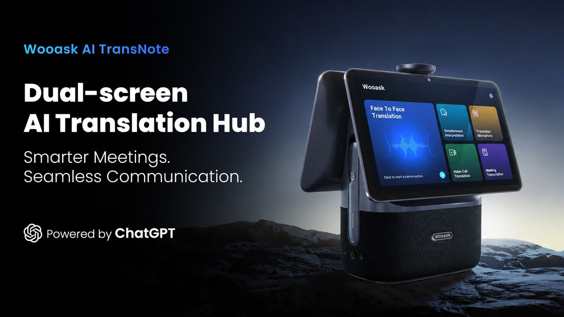 Official Wooask AI TransNote campaign cover showing its dual-screen desktop translation hub