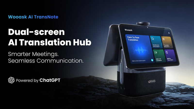 Official Wooask AI TransNote campaign cover showing its dual-screen desktop translation hub