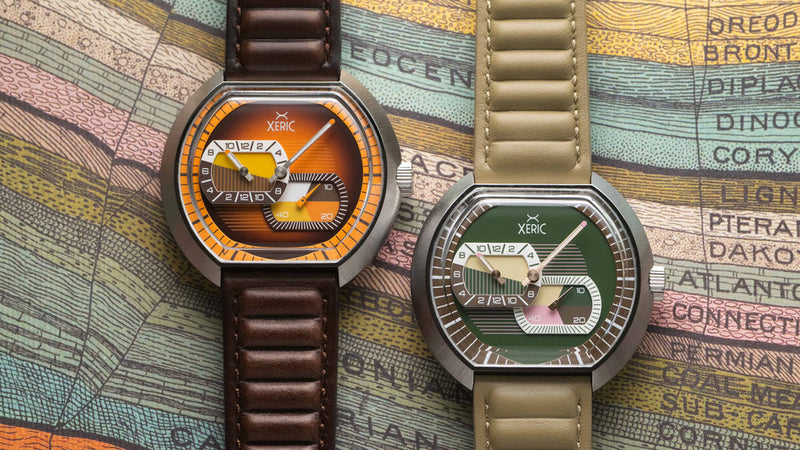Orange and mint Xeric Regulator 1968 watches on a colorful graphic background