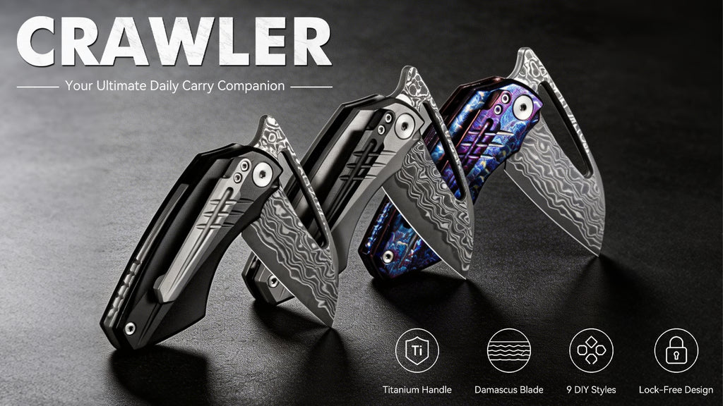 🔥DWSTN CRAWLER EDC Knife丨Damascus Blade, Titanium Handel