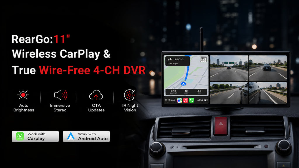 RearGo: 11" Wireless CarPlay & True Wire-Free 4-CH DVR